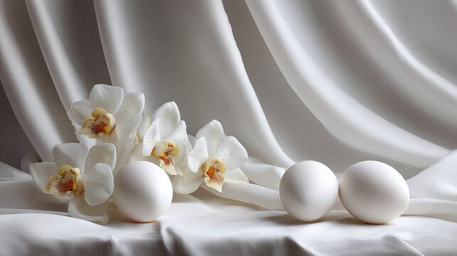 Elegant arrangement featuring eggs and delicate orchids resting on draped fabric. The soft textures and subtle lighting create a sense of tranquility.