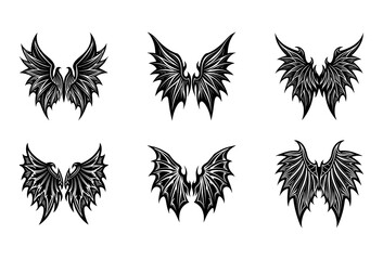 Fototapeta premium Six Different Black Wing Displaying Varied Feather Formations and Spiky Outlines Presented in a Two-Row Grid on a White Background for Projects