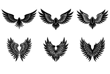 Obraz premium A set of six black stylized bird wings and phoenix emblems arranged in a two-by-three grid on a white background, highlighting detailed feather work and symmetrical for various applications