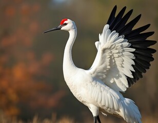 Fototapeta premium Large white bird with red head and black tipped wings stands in soft light. Crane prepares for flight or displays its plumage in a natural outdoor setting.