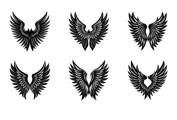 Obraz premium Six black stylized bird wings and phoenix emblems are displayed in a grid on a white background, each featuring intricate feather details and symmetrical artistic forms