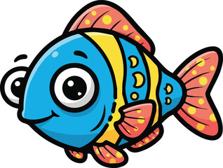 Obraz premium Charming blue and yellow cartoon fish with a cheerful smile, featuring big adorable eyes and playful polka dots, perfect for children's designs or aquatic themes