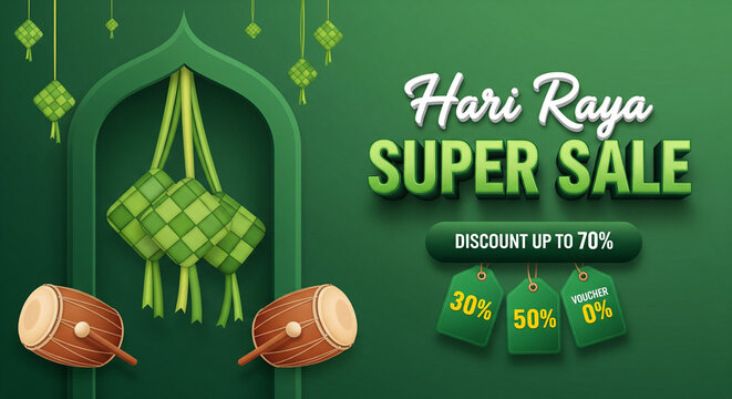 Hari Raya Eid 2026 Super Sale Banner with Ketupat and Bedug Illustration. Hari Raya Translation Eid al Fitr