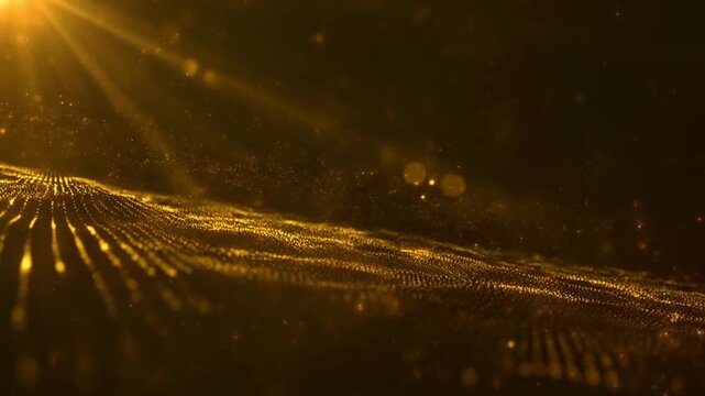 Golden Radiance Illuminating Reflective Surface with Grid Pattern in Abstract Dark Environment