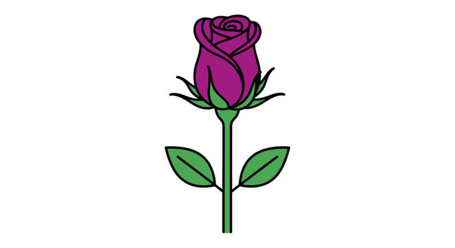 A simple, stylized illustration of a single purple rose with green leaves and stem against a white background.