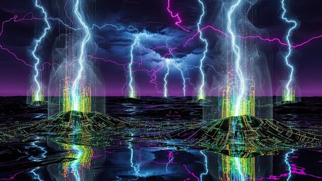 Futuristic cityscape illuminated by vibrant lightning strikes over a digital metropolis at night