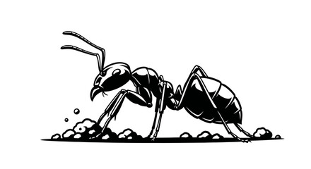 Fototapeta premium A detailed black and white illustration of an ant meticulously working on the ground, pushing small pebbles.