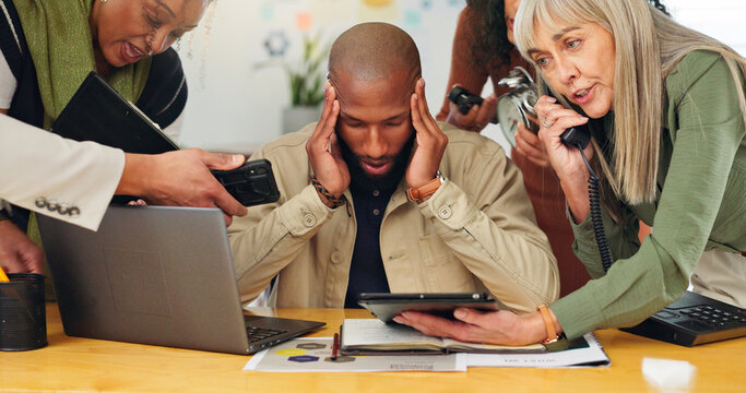 Man, team and crisis with headache at startup for deadline, multitasking and stress for time management. Person, group and migraine with chaos, report or overwhelmed with project at creative agency