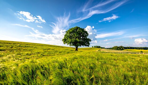 A vibrant, sunny landscape with a lone, lush tree atop a rolling green hill, under a bright blue sky filled with wispy clouds