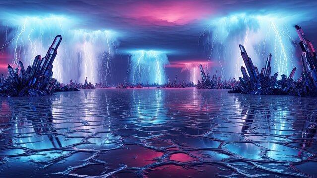 Futuristic cityscape illuminated by vibrant lightning storms over a reflective water terrain with