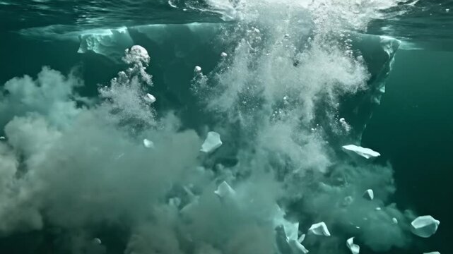 Underwater view of an iceberg collapse with chunks of ice floating away in the dark ocean water