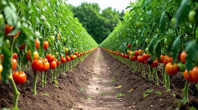 Fresh tomatoes grow in a lush garden pathway