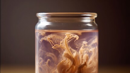 ro view of creamy fluid abstract patterns forming as cream disperses into a translucent liquid inside a glass jar showcasing dynamic organic shapes