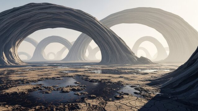 Futuristic Landscape with Massive Constructed Arc Structures Under Soft Light