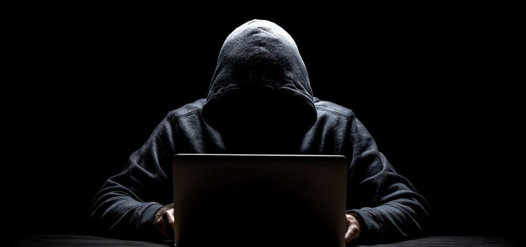Hacker in dark hoodie using laptop in shadows representing cybersecurity threat and internet vulnerability