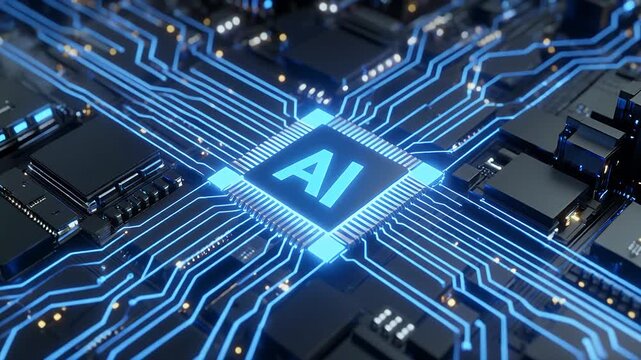 Close-up view of a futuristic AI chip on a circuit board with glowing blue lines and microelectronic components