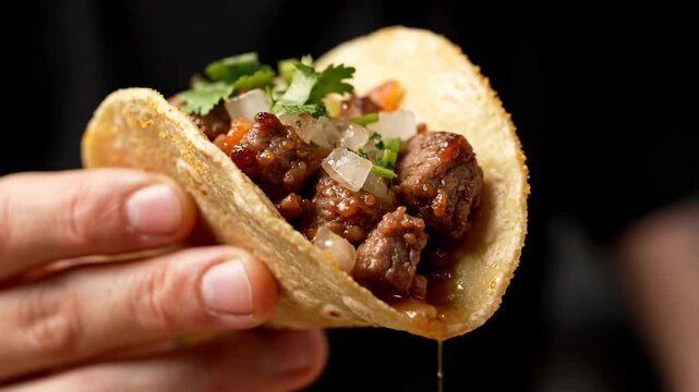 Hand holding an authentic Mexican street taco filled with savory beef (carne asada or barbacoa), fresh onions, and cilantro. Close-up food photography.