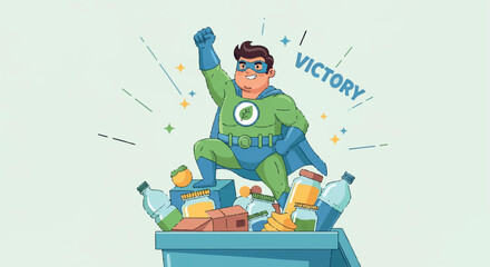 Eco superhero recycling waste on top of bottles © Pandaman1102