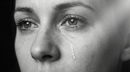Fototapeta premium Black and white portrait of woman in tears concept. A close-up portrait capturing deep emotion and sorrowful expression.