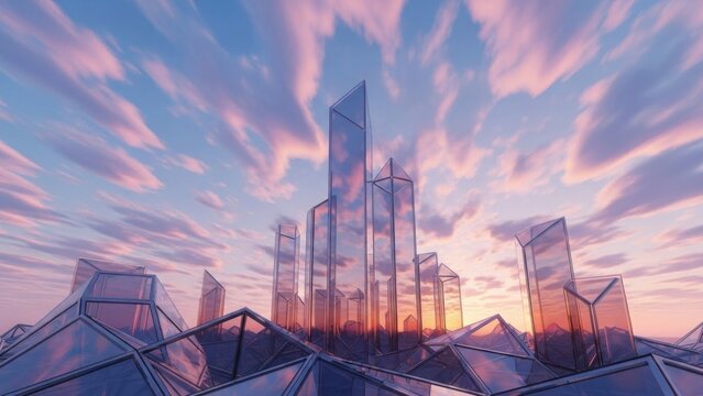 Futuristic glass skyscrapers reflecting the vibrant sunset sky in a modern cityscape