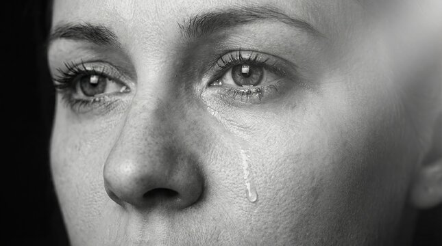 Black and white portrait of woman in tears concept. A close-up portrait capturing deep emotion and sorrowful expression.