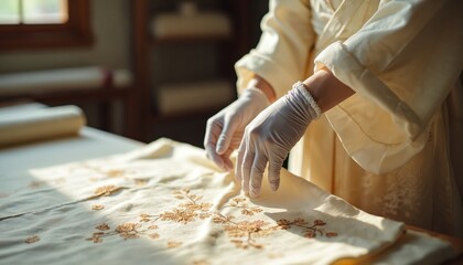 Expert conservator handles fragile silk kimono fabric with embroidered floral pattern. Gentle hands in white gloves inspect delicate textile for restoration and preservation in workshop.