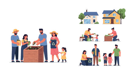 Fototapeta premium Family gardening and recycling activities in a neighborhood