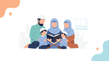 Loving Muslim family sitting together, focused on reading the Holy Quran from a traditional rehal, embodying spiritual education and togetherness.