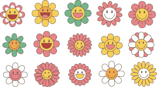 Collection of cute cartoon smiley face flowers vector illustration set on white
