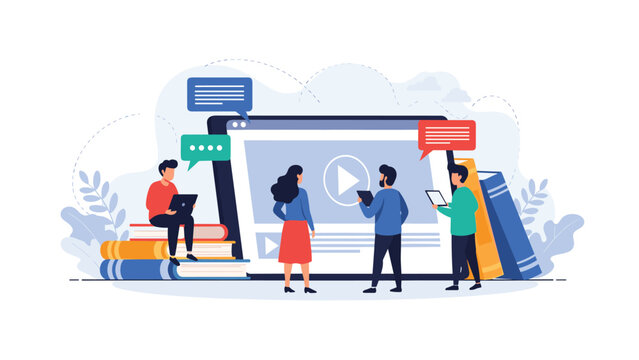 Diverse group of individuals gathered around a large screen displaying a video player, symbolizing collaborative online education and digital learning.