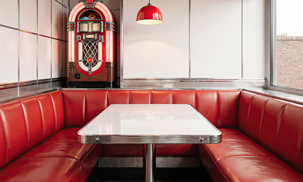Jukebox diner booth features red vinyl seating and a vintage white table in a nostalgic fifties style restaurant interior