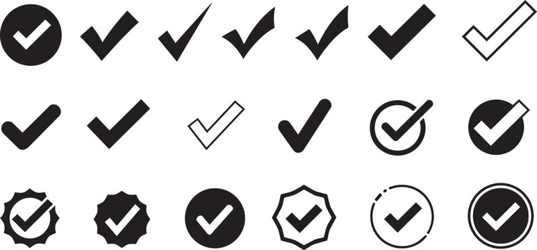 Black checkmark icons, vector check marks, ticks and verified symbols, for website, app, UI, branding, or marketing materials, isolated on transparent background, png