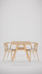3D render of modern bistro dining set with wooden table and cushioned fabric chairs. Perfect for furniture catalogs, interior design visualization, product display, and contemporary decor concepts.