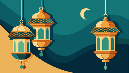 Night scene with three hanging lanterns and a crescent moon