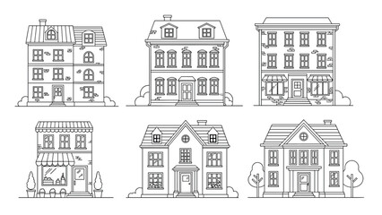 Diverse collection of six different house and building outlines, showcasing various architectural styles for residential and commercial properties.