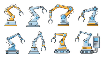 Obraz premium Diverse collection of eight modern industrial robot arms, showcasing various designs and poses, symbolizing automation and advanced manufacturing.