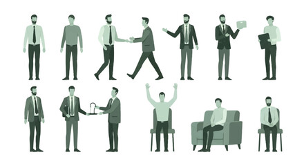 Businessmen in various poses for presentations and meetings