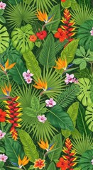 Naklejka premium Lush tropical foliage and vibrant exotic blooms create a dense natural background pattern