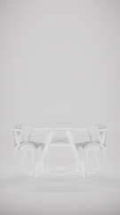 Fototapeta premium 3D render of modern bistro dining set with wooden table and cushioned fabric chairs. Perfect for furniture catalogs, interior design visualization, product display, and contemporary decor concepts.