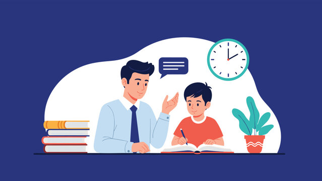 Father in a tie helping his son with homework at a desk, fostering a supportive home learning environment and family bond.