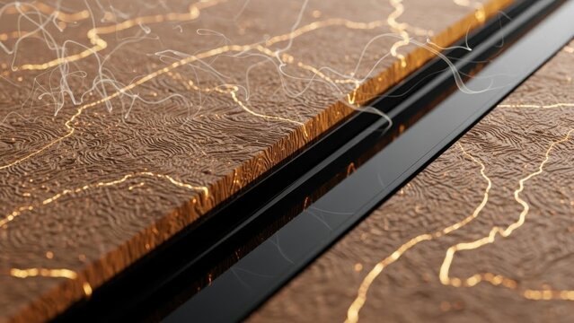 Close-up of textured wooden surface with metallic inlay decorative design