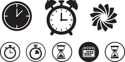 Fototapeta premium Vector clock and time icons set, including alarm clock, stopwatch, calendar, and hourglass, for schedule or planning design, Isolated on transparent background, png