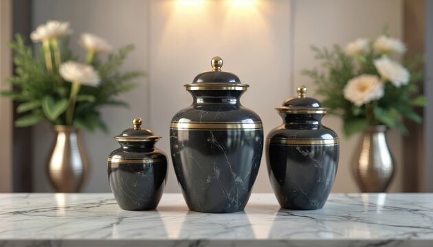 Three black marble urns with gold trim sit on a marble surface. Two vases of white flowers flank the urns. The scene evokes solemnity and remembrance.