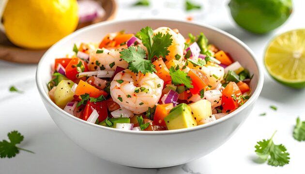 Bright shrimp ceviche in white bowl, colorful vegetables, herbs, citrus around