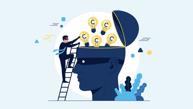 Masked man climbing a ladder into a giant head, stealing glowing light bulb ideas, symbolizing intellectual property theft or plagiarism.