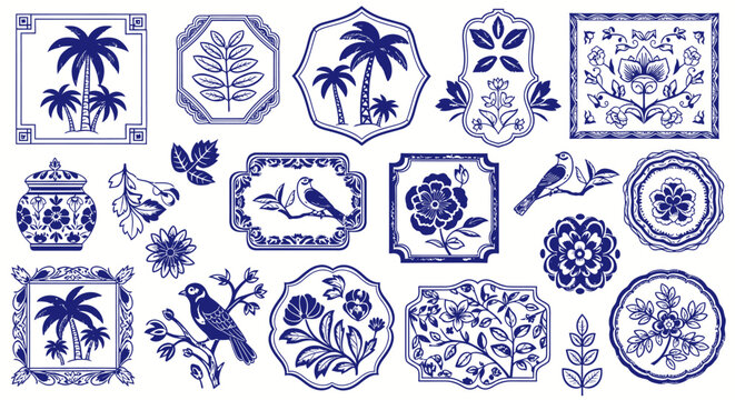 A collection of blue and white decorative elements featuring floral motifs, birds, and palm trees in various shapes and sizes.