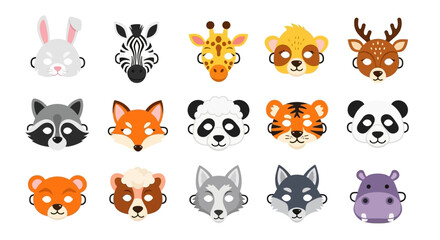 Fototapeta premium Collection of cartoon animal face masks for children's parties or dress-up, featuring a variety of wild and domestic animals.