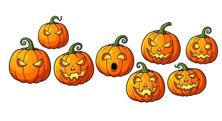 A collection of seven cartoon-style jack-o'-lanterns with various spooky and surprised expressions, set against a white background.