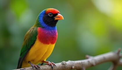Obraz premium Gouldian finch perched on branch. This colorful bird has bright red orange yellow blue black plumage. It sits on tree limb with green blurred background. A vibrant avian creature.