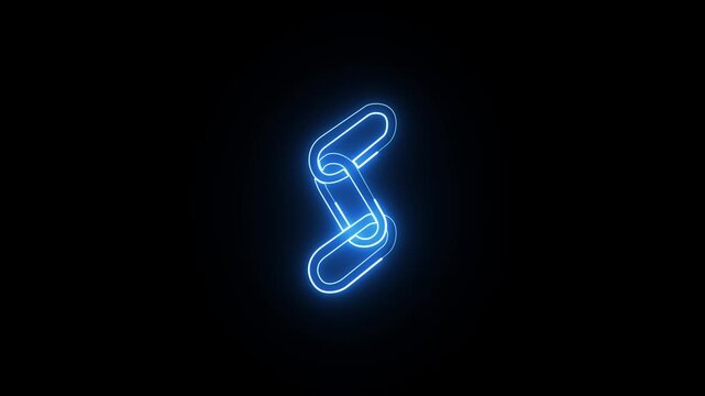 Glowing neon blue chain link icon animation abstract backlink connection symbol design on black background 4k.
